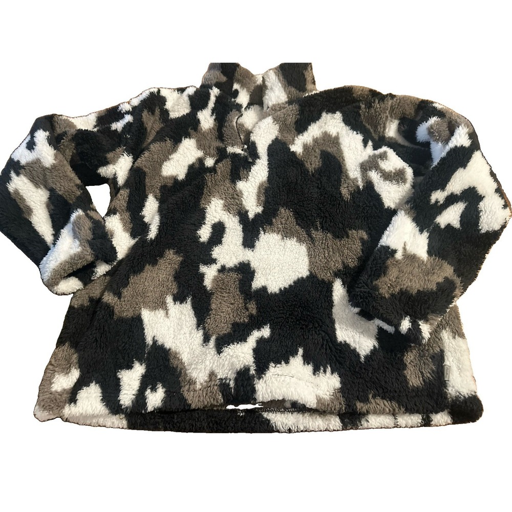 Eddie Bauer 1/4 Zip Jacket Womens L Black White Gray Camo Sherpa Soft